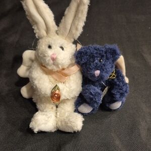 Boyds Bear Set Of 2 Plush Angel Ornaments. A White Rabbit And Blue Bear.